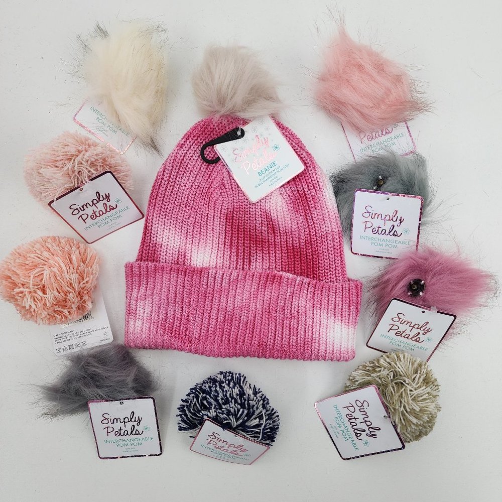 New Simply Petals Womens Pink Tie Dye Knit Beanie Cap & 10 Interchangeable Poms